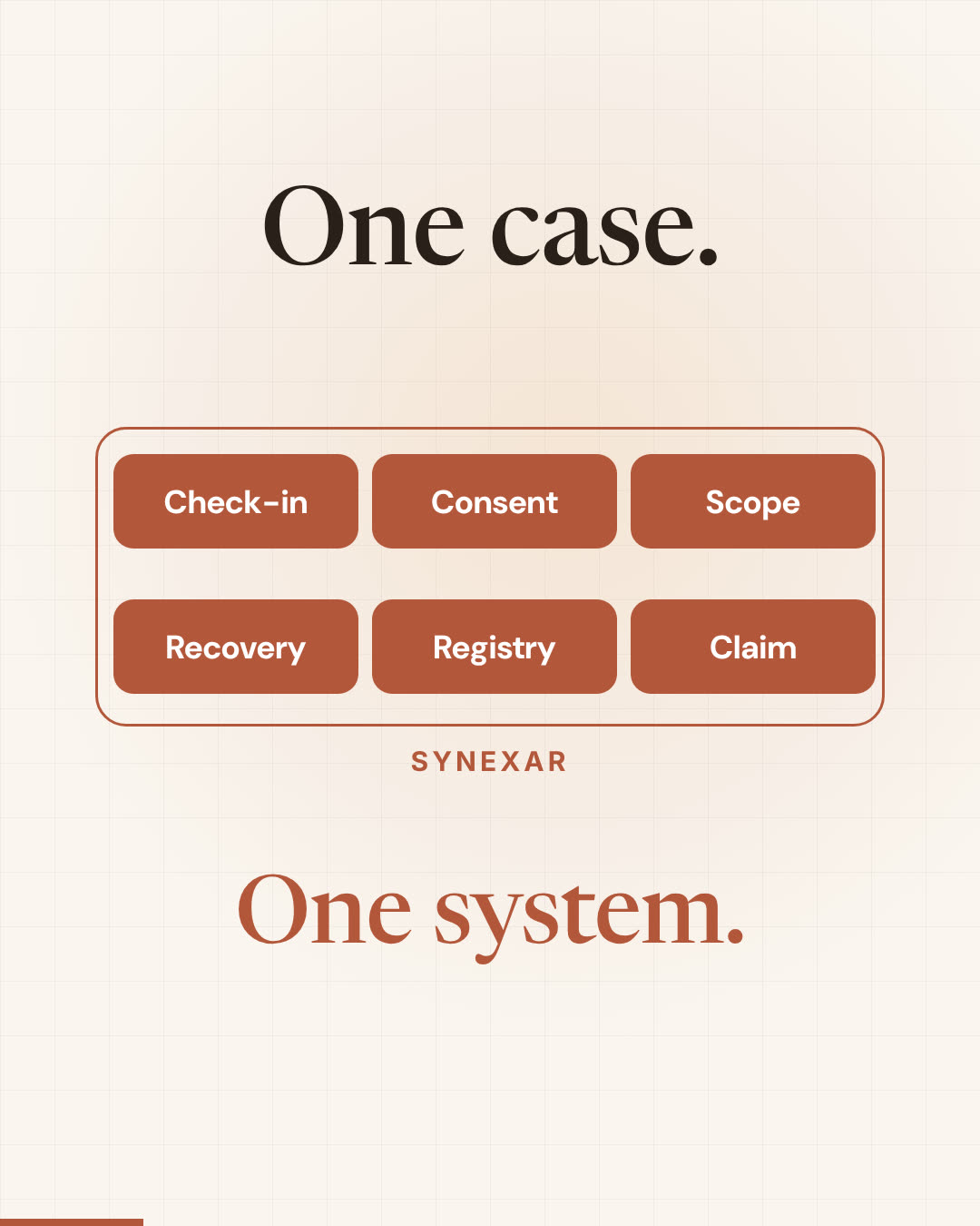 Six steps of one case, from check-in to claim, snapping into one Synexar system